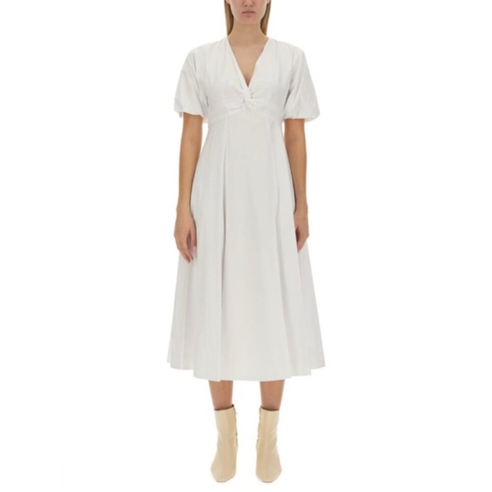 STAUD Finley White Cotton Midi Dress Size 8 Twist Front Puff Sleeve